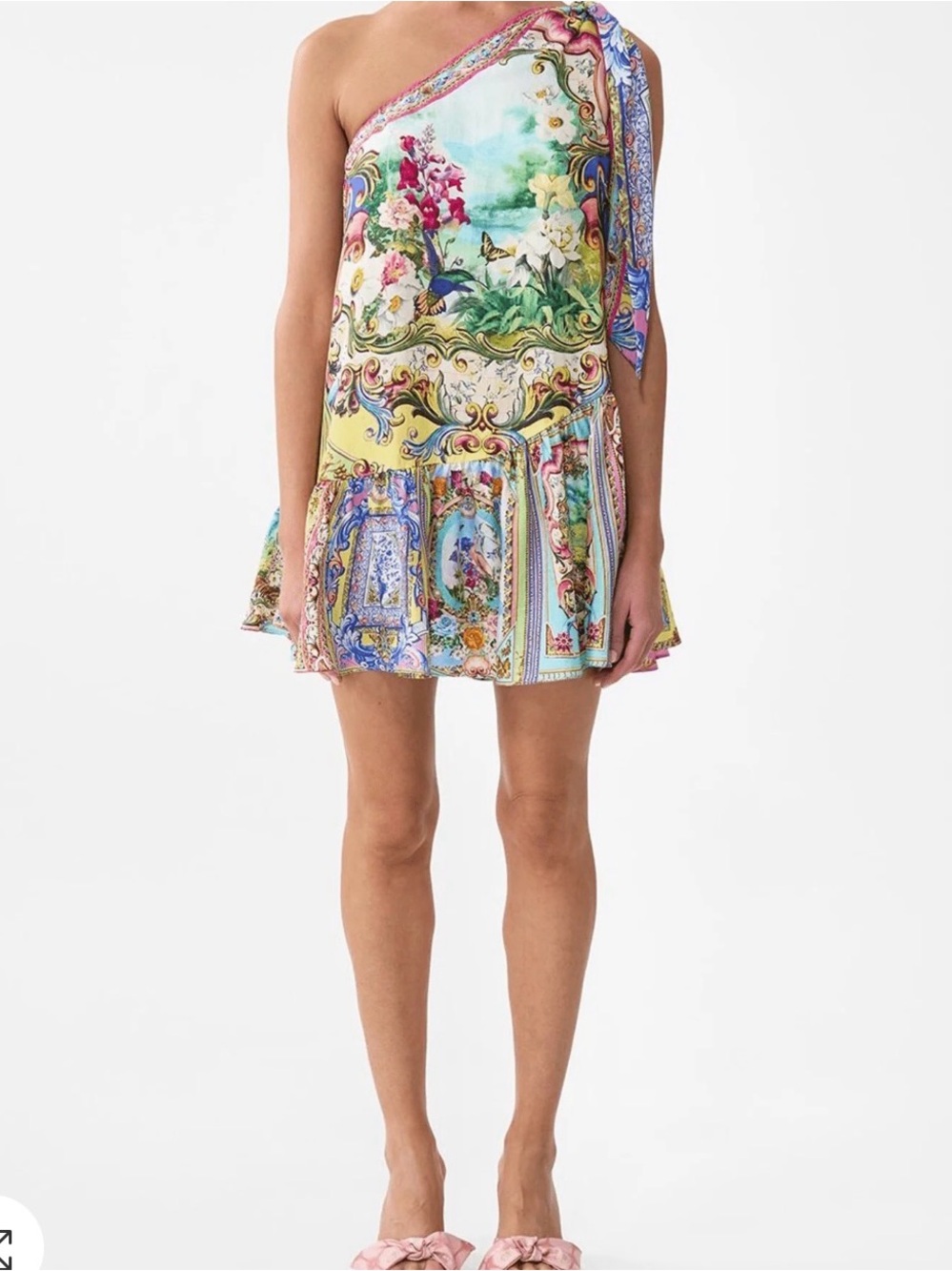 Camilla One-Shoulder Floral Scarf-Print Mini Dress in Yellow, Blue, Pink - Picture 1 of 2